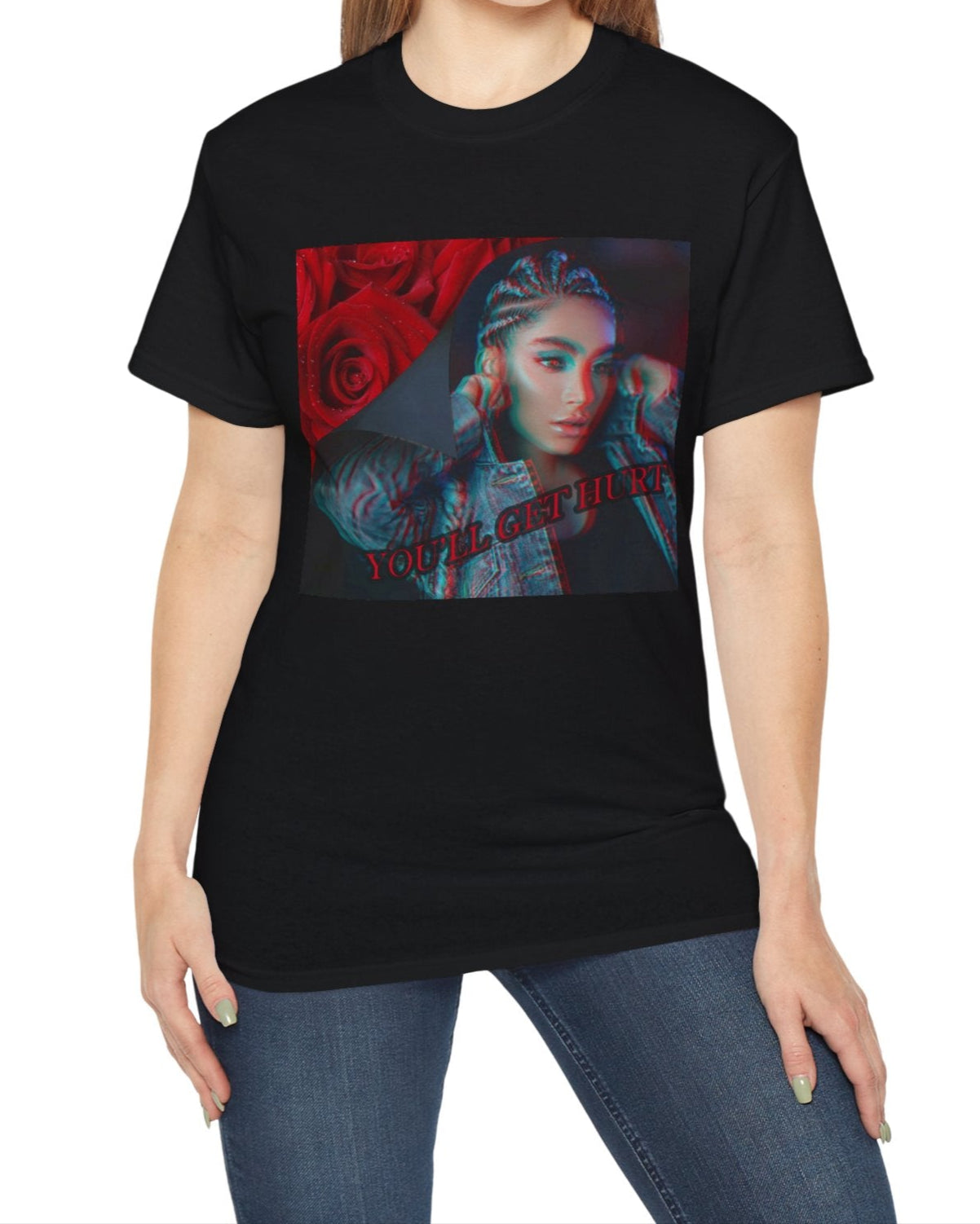 Unisex cotton t-shirt in black, with glitch-effect design of a woman beside red roses and the text “You’ll get hurt.” Feminist message printed on 100% US cotton, ethically made and Oeko-Tex certified. ModeK Vetements.