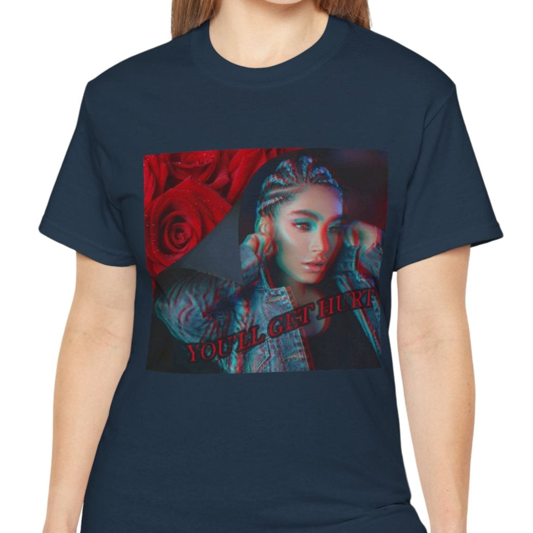 Unisex cotton t-shirt in blue dusk, with glitch-effect design of a woman beside red roses and the text “You’ll get hurt.” Feminist message printed on 100% US cotton, ethically made and Oeko-Tex certified. ModeK Vetements.