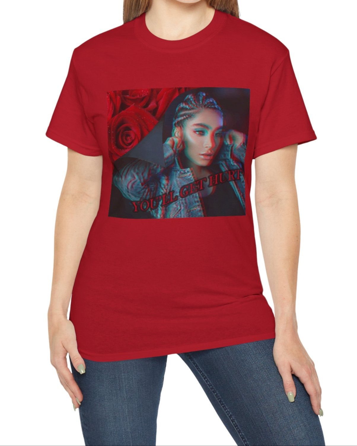 Unisex cotton t-shirt in cherry red, with glitch-effect design of a woman beside red roses and the text “You’ll get hurt.” Feminist message printed on 100% US cotton, ethically made and Oeko-Tex certified. ModeK Vetements.