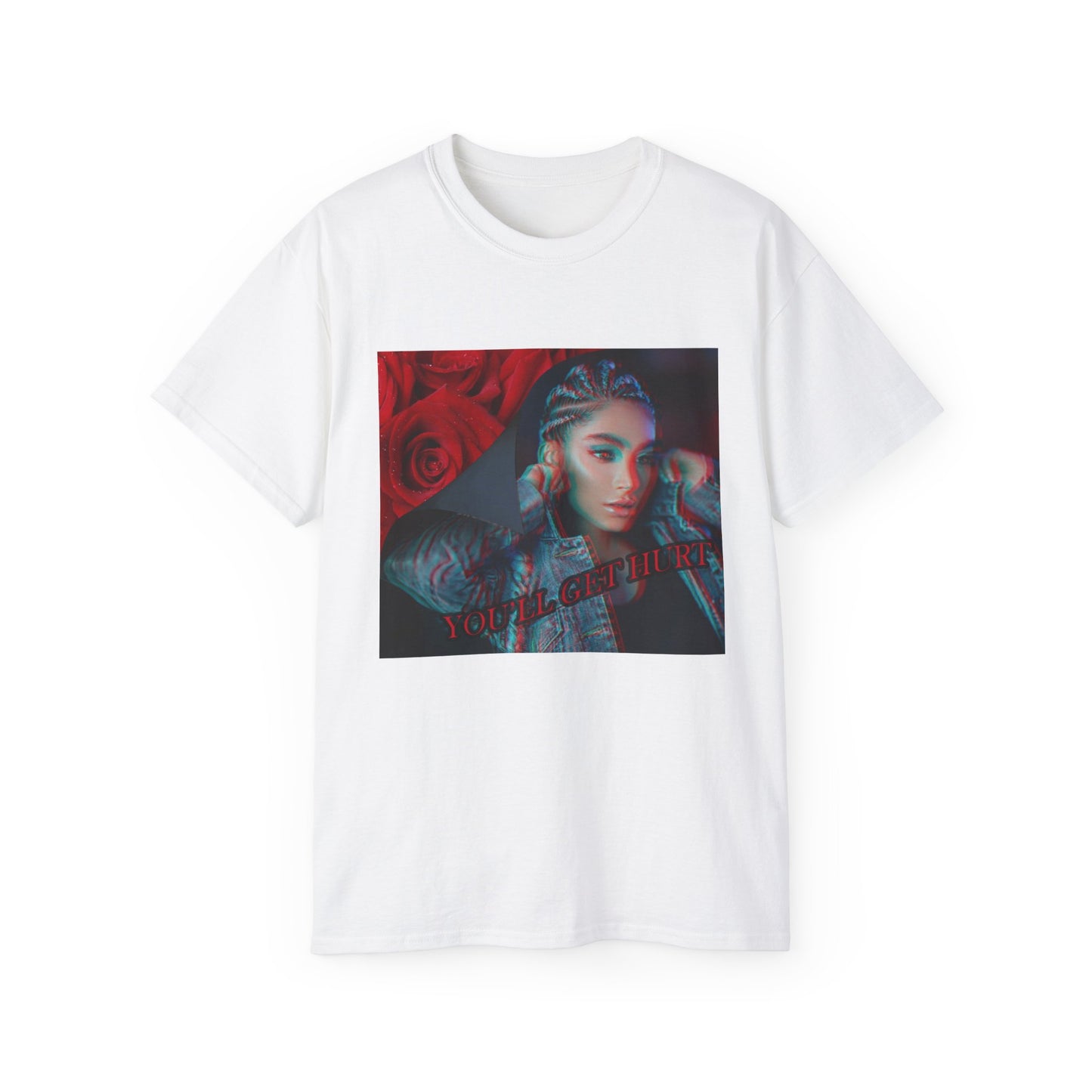 Draped Unisex cotton t-shirt in white, with glitch-effect design of a woman beside red roses and the text “You’ll get hurt.” Feminist message printed on 100% US cotton, ethically made and Oeko-Tex certified. ModeK Vetements.