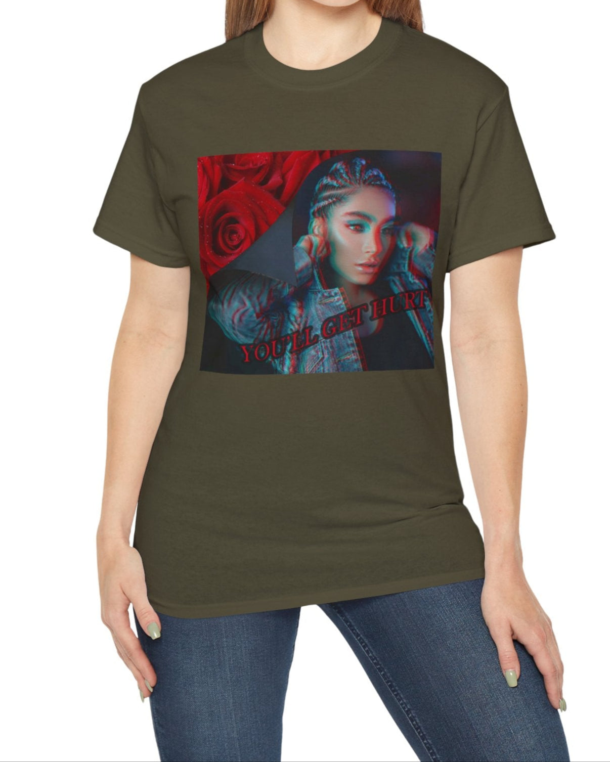 Unisex cotton t-shirt in olive, with glitch-effect design of a woman beside red roses and the text “You’ll get hurt.” Feminist message printed on 100% US cotton, ethically made and Oeko-Tex certified. ModeK Vetements.