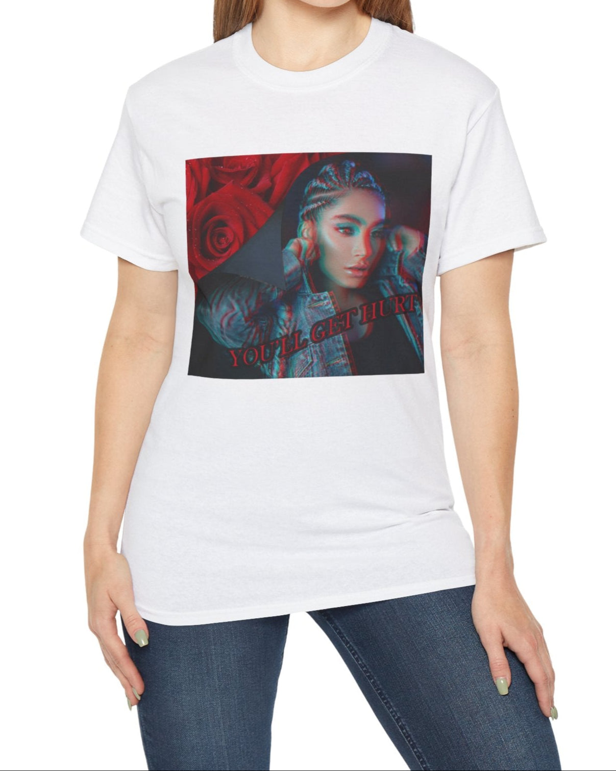 Unisex cotton t-shirt in white, with glitch-effect design of a woman beside red roses and the text “You’ll get hurt.” Feminist message printed on 100% US cotton, ethically made and Oeko-Tex certified. ModeK Vetements.