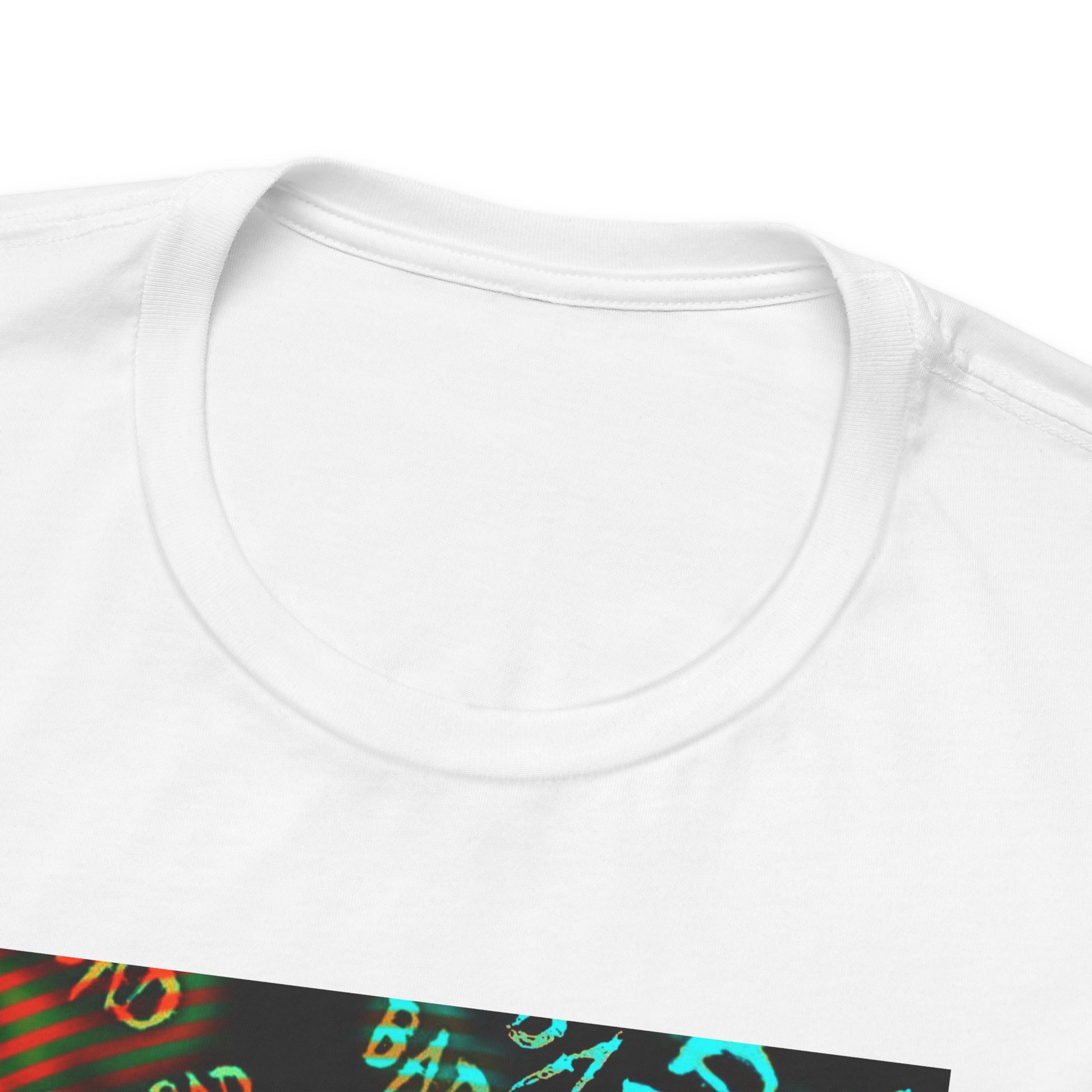 Closeup on the neckline of the Unisex airlume combed & ring-spun cotton t-shirt in white, featuring Yunho of ATEEZ in monochrome, biting a drawcord, as glitchy concentric ripples pulse around him. Ferrari red melts into aqua and green — a tempest of color and emotion, suspended mid-thought. From ModeKVetements.