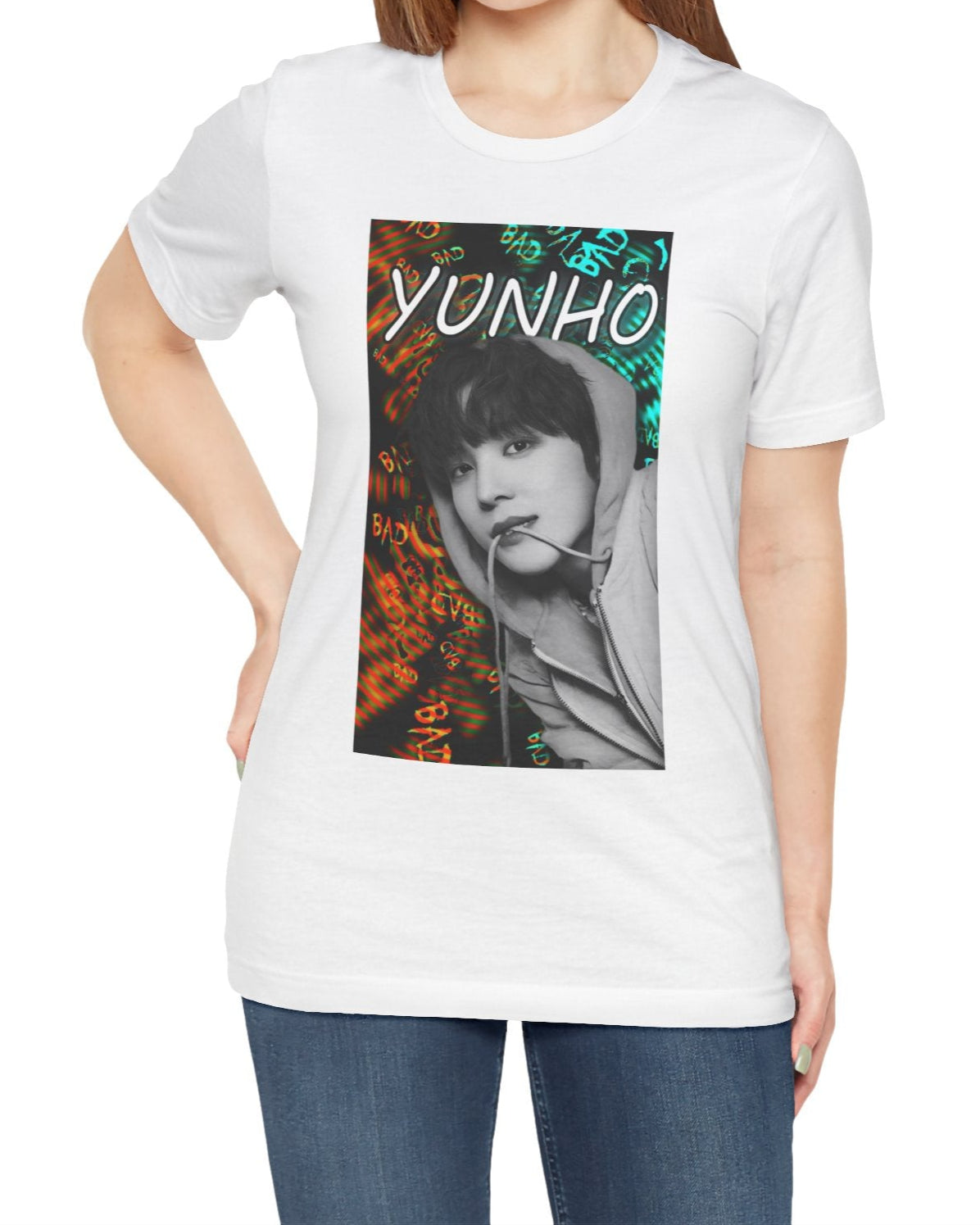 Unisex airlume combed & ring-spun cotton t-shirt in white, featuring Yunho of ATEEZ in monochrome, biting a drawcord, as glitchy concentric ripples pulse around him. Ferrari red melts into aqua and green — a tempest of color and emotion, suspended mid-thought. From ModeKVetements.