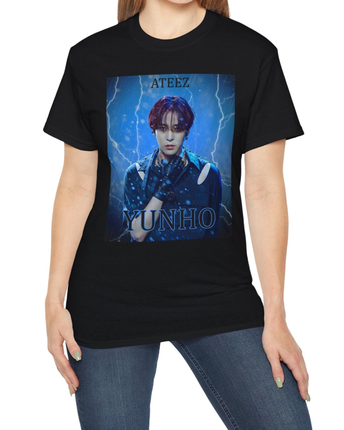 Yunho ATEEZ unisex cotton t-shirt in black, featuring a stormy design with rain, lightning, red hair, leather glove, cut-out shoulder slits, and metal accessories. Printed on 100% US cotton, ethically made and Oeko-Tex certified. ModeK Vetements.