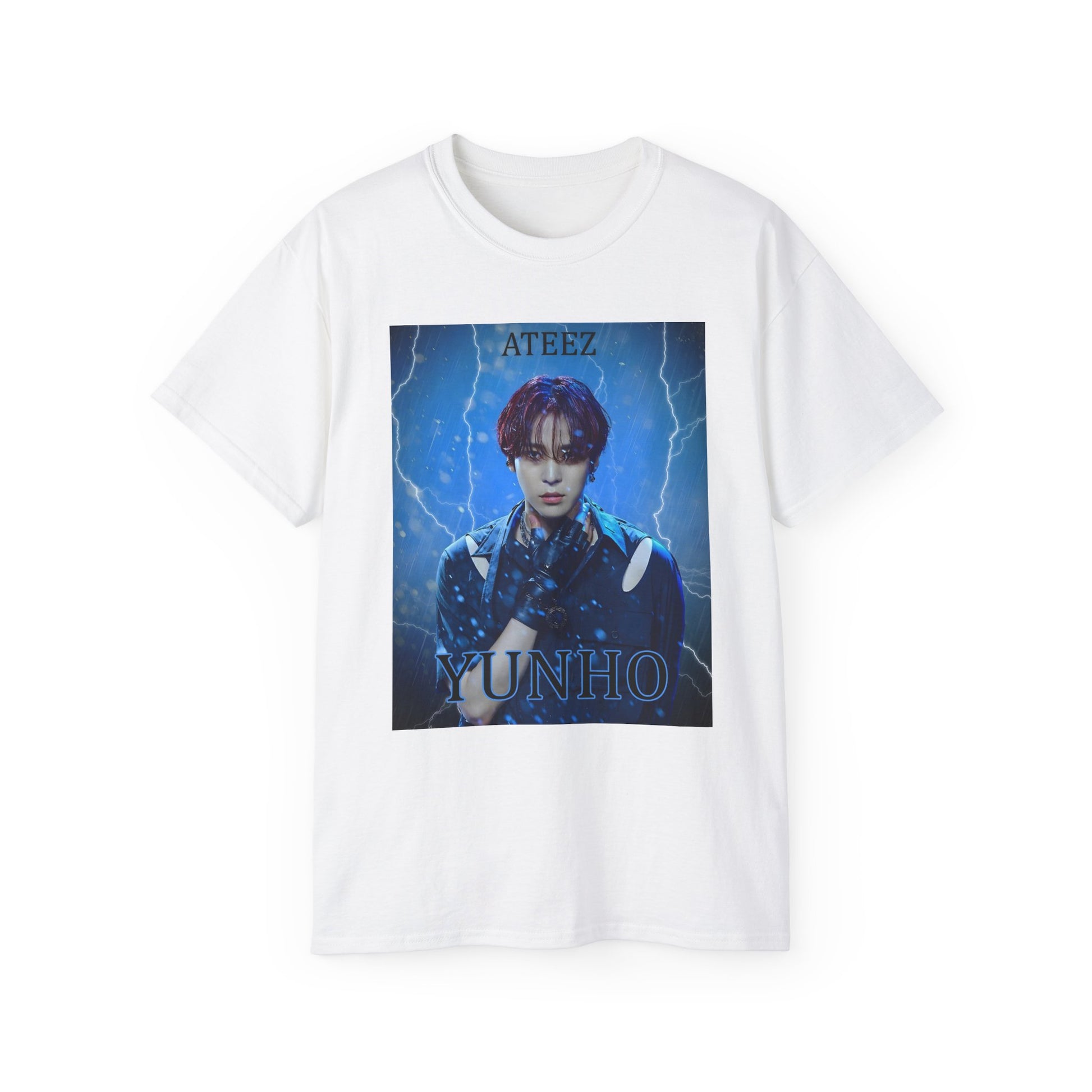 Draped Yunho ATEEZ unisex cotton t-shirt in white, featuring a stormy design with rain, lightning, red hair, leather glove, cut-out shoulder slits, and metal accessories. Printed on 100% US cotton, ethically made and Oeko-Tex certified. ModeK Vetements.