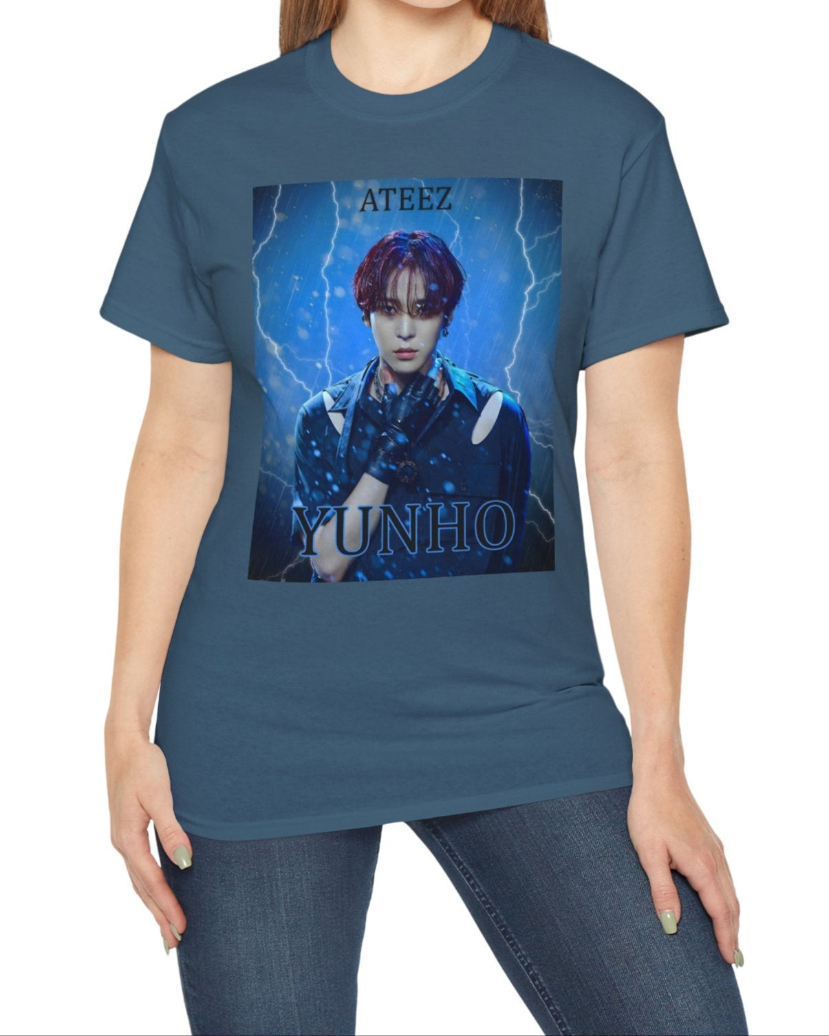 Yunho ATEEZ unisex cotton t-shirt in indigo blue, featuring a stormy design with rain, lightning, red hair, leather glove, cut-out shoulder slits, and metal accessories. Printed on 100% US cotton, ethically made and Oeko-Tex certified. ModeK Vetements.