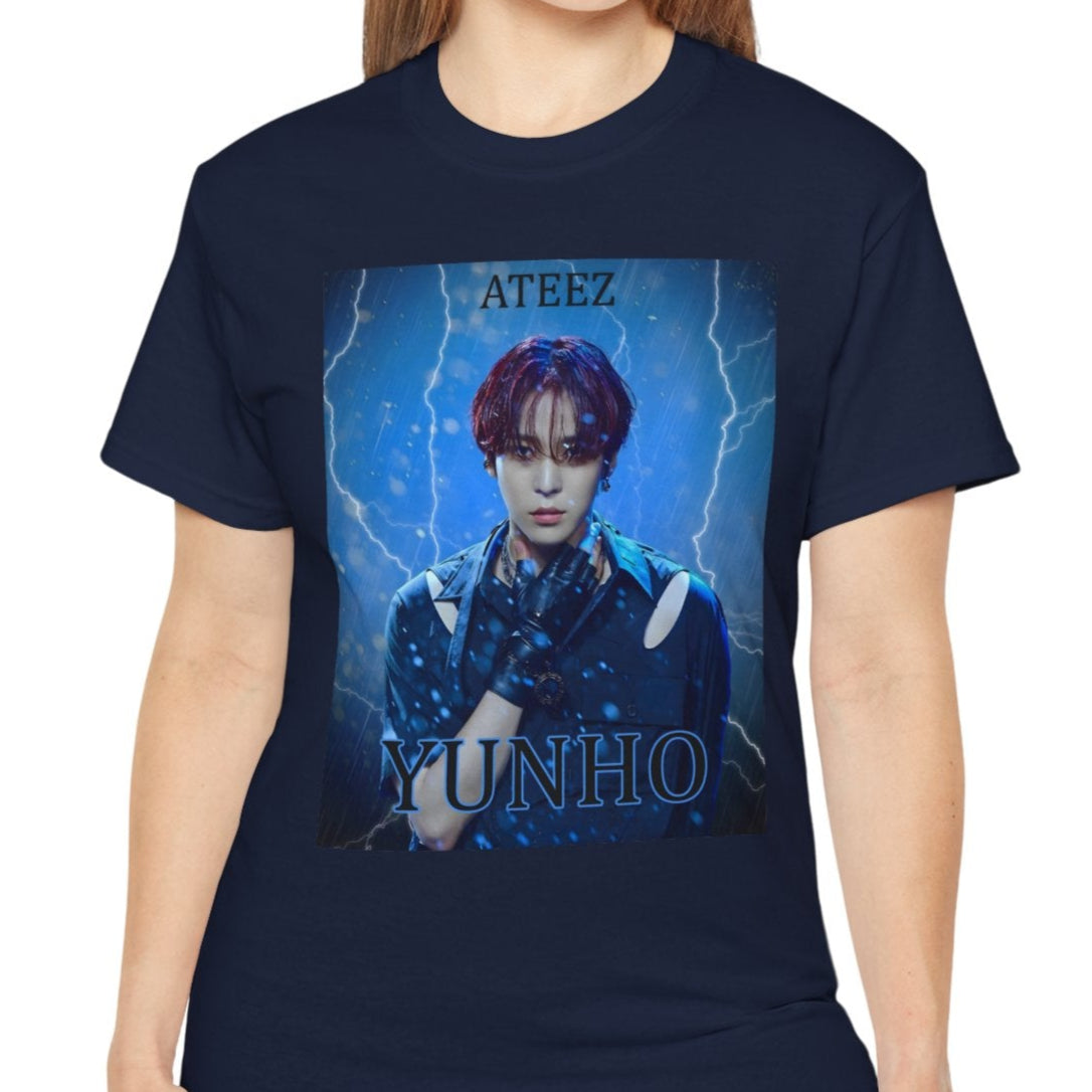 Yunho ATEEZ unisex cotton t-shirt in navy, featuring a stormy design with rain, lightning, red hair, leather glove, cut-out shoulder slits, and metal accessories. Printed on 100% US cotton, ethically made and Oeko-Tex certified. ModeK Vetements.