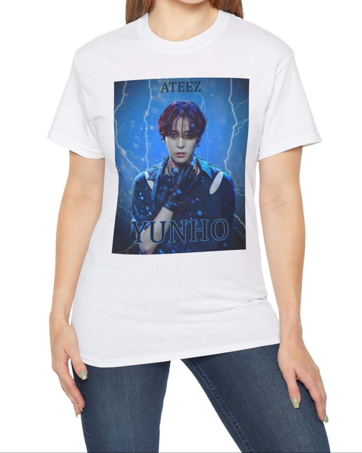 Yunho ATEEZ unisex cotton t-shirt in white, featuring a stormy design with rain, lightning, red hair, leather glove, cut-out shoulder slits, and metal accessories. Printed on 100% US cotton, ethically made and Oeko-Tex certified. ModeK Vetements.