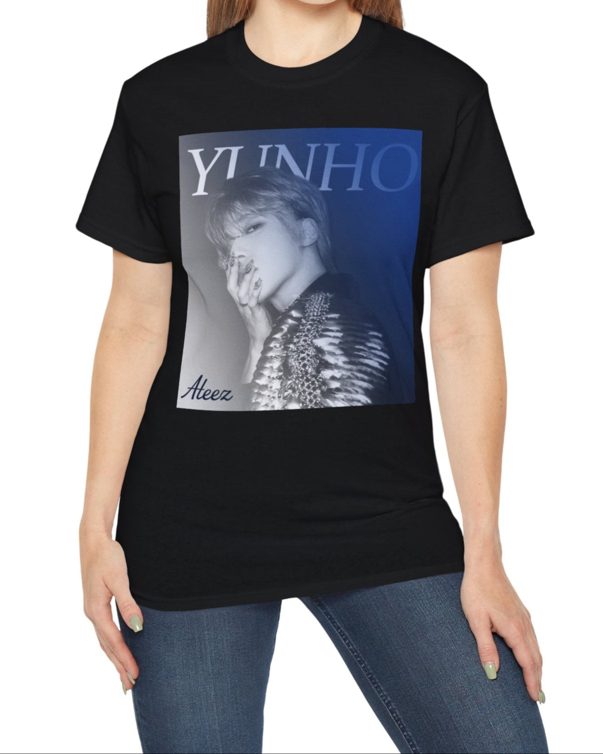 Yunho from ATEEZ printed on a unisex t-shirt in black, wearing a dramatic metallic epaulette of scales and stones with 3D metallic nail art. A cobalt-to-iron gradient and bold lettering complete the retro aesthetic. From ModeK Vetements.