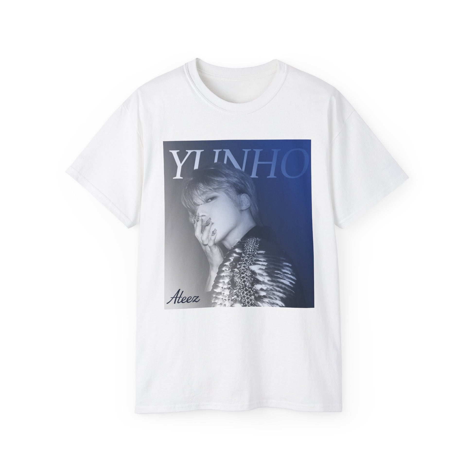 Yunho from ATEEZ printed on a unisex draped t-shirt in white, wearing a dramatic metallic epaulette of scales and stones with 3D metallic nail art. A cobalt-to-iron gradient and bold lettering complete the retro aesthetic. From ModeK Vetements.
