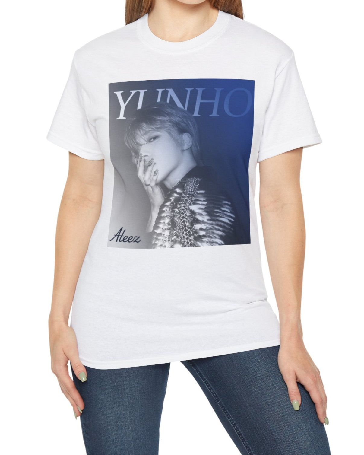 Yunho from ATEEZ printed on a unisex t-shirt in white, wearing a dramatic metallic epaulette of scales and stones with 3D metallic nail art. A cobalt-to-iron gradient and bold lettering complete the retro aesthetic. From ModeK Vetements.